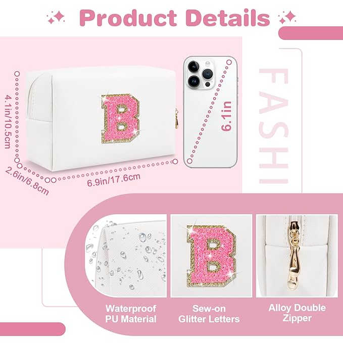 Small Personalized Initial A-Z Patch Makeup Bag,White Cute PU Leather Glitter Letter Cosmetic Bag for Teen Girls,Travel Toiletry Bag with Zipper,Preppy Monogrammed Birthday Gift for Daughter Niece B