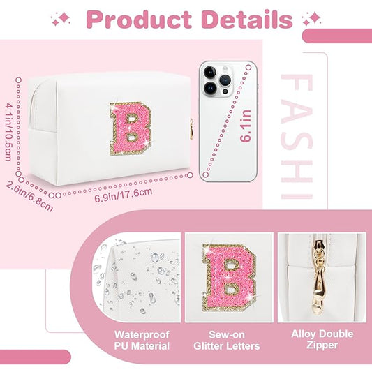 Small Personalized Initial A-Z Patch Makeup Bag,White Cute PU Leather Glitter Letter Cosmetic Bag for Teen Girls,Travel Toiletry Bag with Zipper,Preppy Monogrammed Birthday Gift for Daughter Niece B