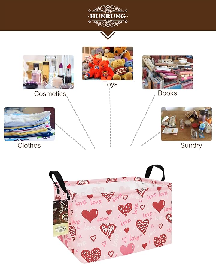 HUNRUNG Rectangle Storage Basket Cute Canvas Organizer Bin for Pet/Children Toys, Books, Clothes Perfect for Rooms/Playroom(REC-Pink Love Heart)