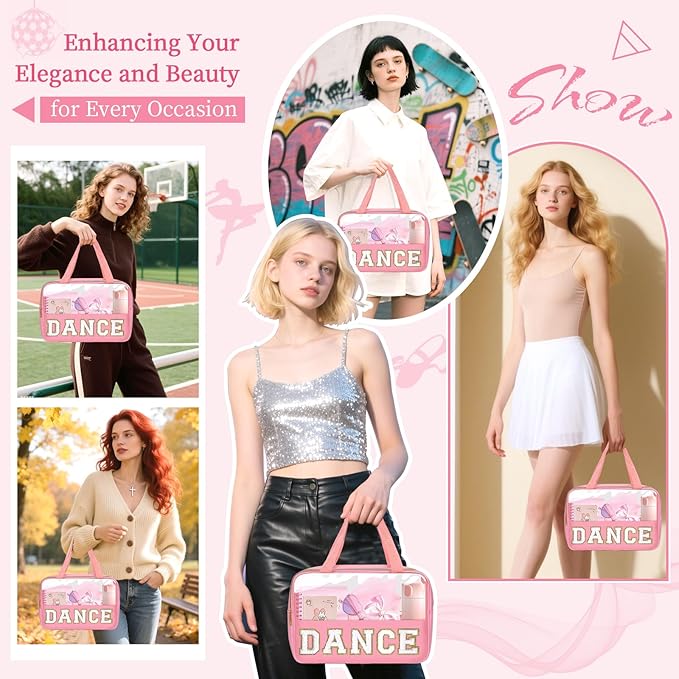 Dance Bag for Girls Chenille Letter Clear Makeup DANCE Stuff Shoe Bag,Toddler Dance Recital Gifts Ballet Cosmetic Zipper with Handle,Dance Competition Accessories Toiletry Storage Women(DANCE-Pink)