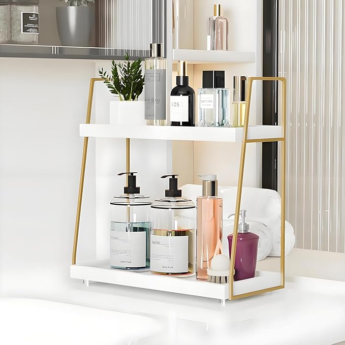 Bathroom Countertop Organizer, Counter Organizer for Modern Farmhouse Decor, Wooden Vanity Shelf for Makeup Storage, 2 Tier Stand Bathroom Tray for Perfume, Lotion Bottle, Toiletries, Plants