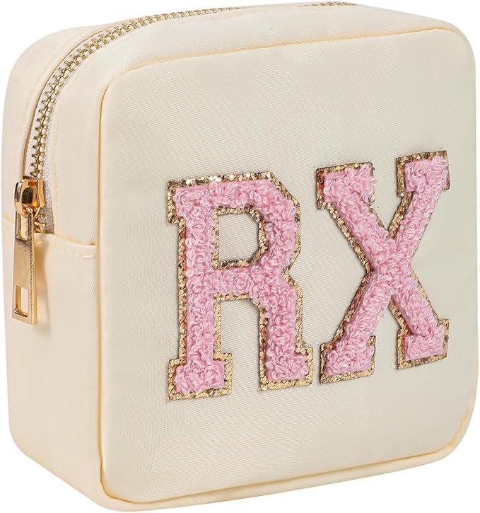 2Pcs Chenille Letter Patch Nylon Medicine Makeup Bag Set,Cute MEDS Travel Makeup Bag with Metal Zipper, First Aid Purse Organizer Cosmetic Bag for Women and Girls(Beige MEDS-RX)
