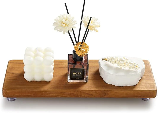 12.6"x5" Solid Teak Wood Riser & Tray - Farmhouse Organizer with Non-Slip Base | Rustic Bathroom & Kitchen Tray for Countertop, Sink Decor | Natural Finish Pedestal Stand (Neutral Home Decor)