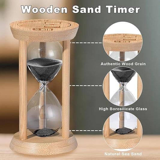 10 Minute Wooden Sand Timers, Bamboo Black Sand Hourglass for Productivity, Meditation & Decor, 10 Min Reloj De Arena for Kitchen, Office, Yoga, Game, Classroom