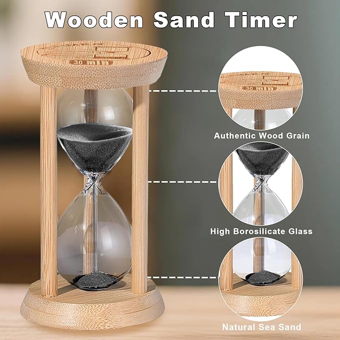 15 Minute Wooden Sand Timers, Bamboo Black Sand Hourglass for Productivity, Meditation & Decor, 15 Min Reloj De Arena for Kitchen, Office, Yoga, Game, Classroom