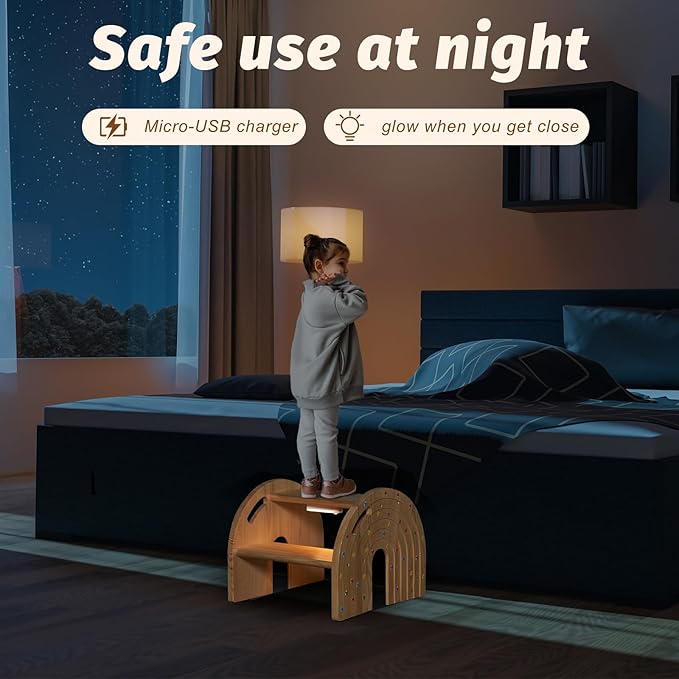 Rainbow Wooden Toddler Step Stool for Kids, Two-Step Stool for Bathroom Sink and Potty Training, Child Stepping Stool for Kitchen with Safety Non-Slip Pad, Handle and Auto Light