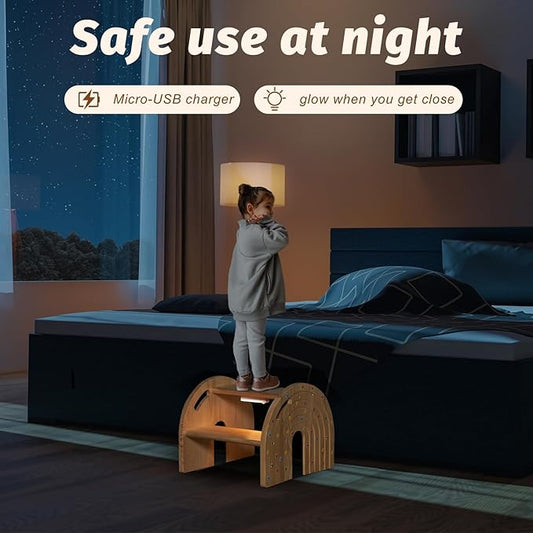 Rainbow Wooden Toddler Step Stool for Kids, Two-Step Stool for Bathroom Sink and Potty Training, Child Stepping Stool for Kitchen with Safety Non-Slip Pad, Handle and Auto Light