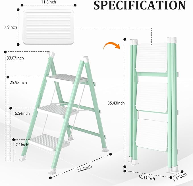 3 Step Ladder, Folding Step Stool with Anti-Slip Wide Pedal, Anti-Slip Feet, Sturdiest Steel Construction, Steel Ladder for Home and Office, Green White