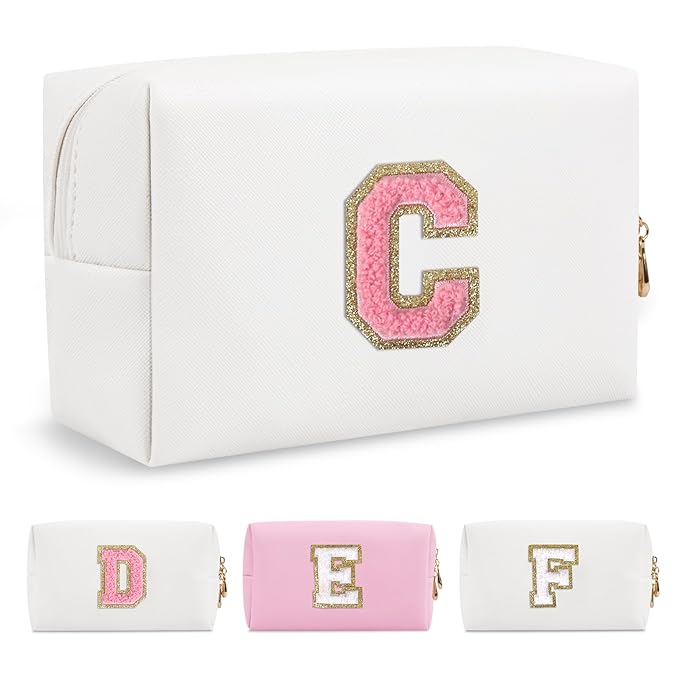 Personalized Makeup Bag Initial A-Z Preppy Patch Bag,Small PU Leather Travel Cosmetic Bag Pouch with Zipper,White Cute Toiletry Bag,Gift Ideal for Teen Girls Women Birthday Friend Mom,Letter C