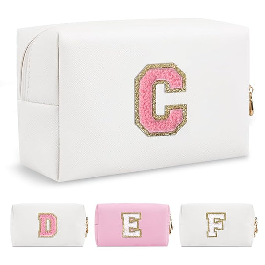 Personalized Makeup Bag Initial A-Z Preppy Patch Bag,Small PU Leather Travel Cosmetic Bag Pouch with Zipper,White Cute Toiletry Bag,Gift Ideal for Teen Girls Women Birthday Friend Mom,Letter C