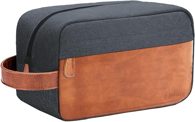 Elviros Travel Toiletry Bag for Men, Hanging Toiletries Bag Water Repellent Dopp Kit PU Leather Travel Bag for Toiletries Accessories, Navy Blue