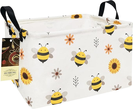 HUNRUNG Rectangle Storage Basket Cute Canvas Organizer Bin for Pet/Children Toys, Books, Clothes Perfect for Rooms/Playroom(REC-Bee)