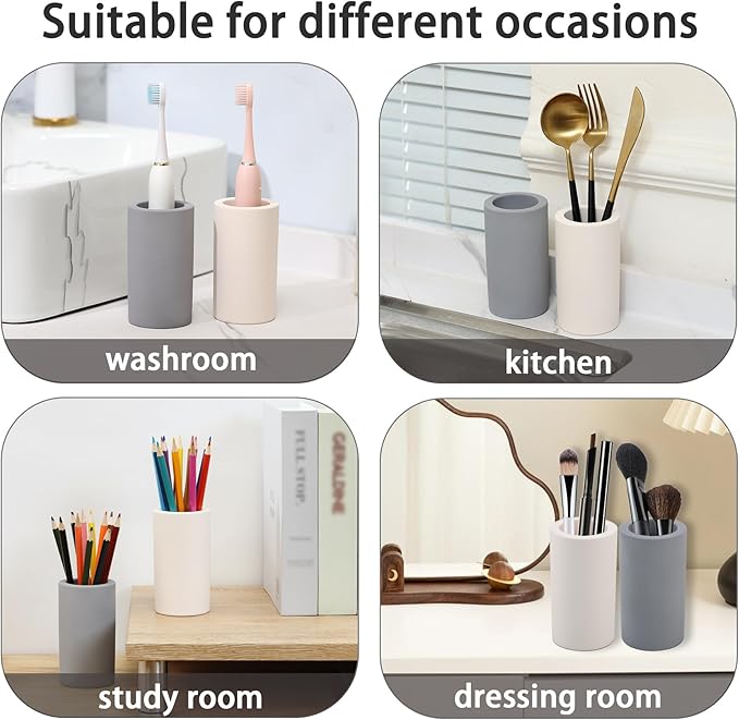 2Pcs Diatomite Toothbrush Holder for Bathroom Sink, Countertop Organizer, Quick Dry Stand Cup for Toothpaste, Razors, Makeup Brushes - Water-Absorbent & Quick-Drying (Beige, Height 4.3")