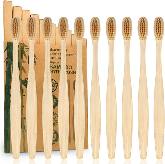 10 Pack Beige Bamboo Toothbrushes | Biodegradable & Compostable Eco-Friendly Natural Bamboo Charcoal Toothbrushes | BPA Free Soft Bristles Wooden Toothbrush - 100% Recycled Packaging