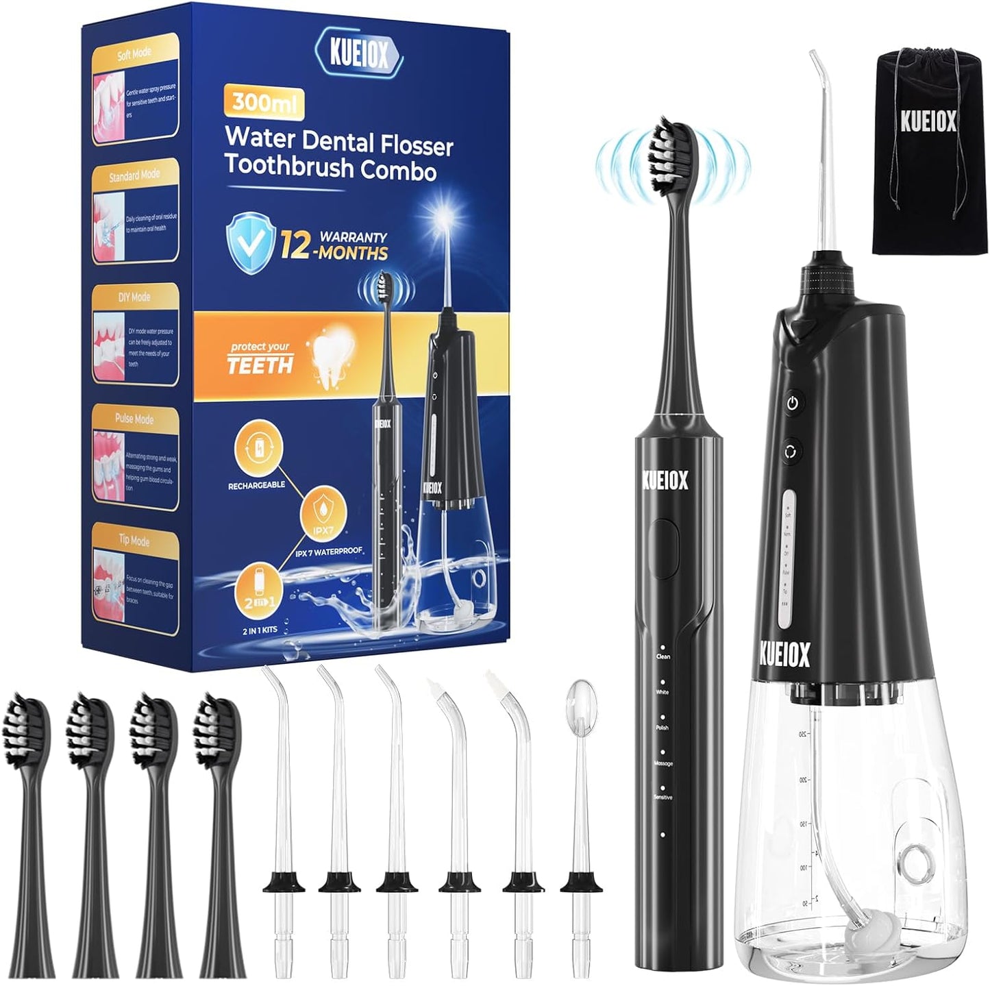 Electric Toothbrush with Water Cordless Flosser, 320ML Portable Travel Water Dental Flosser for Teeth with 5 Modes & 6 Jet Tips & IPX7 Waterproof for Teeth Cleaning and flossing (Black)