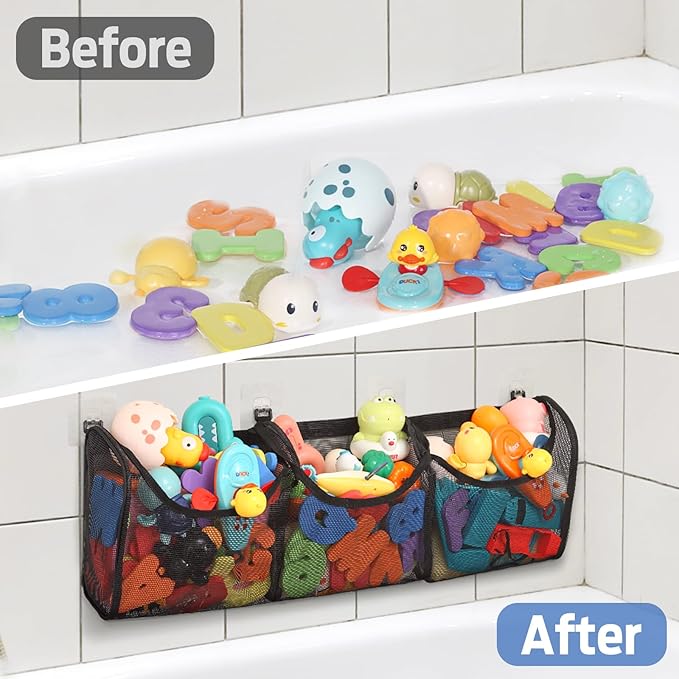 Goowin Bath Toy Storage, Bath Toy Holder, 3 Compartment Large Openings Bath Toy Organizer, Large Capacity Bath Tub Toy Holder, Kids Bathtub Toy Storage For Accessing & Sorting Toys (Black, Regular)