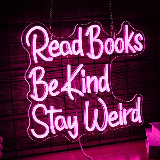 Read Books Be Kind Stay Weird Neon Sign USB Powered Pink Words LED Light Up Sign for Wall Decor Dimmable LED Read Kind Neon Light for Reading Room Bookstore School Library Book Lover Gifts