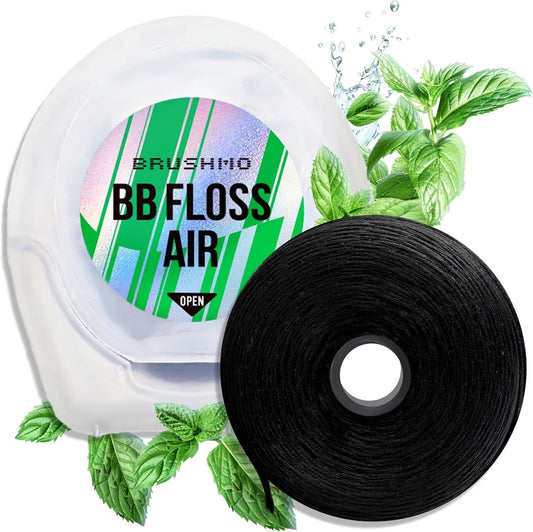 Brushmo Black Floss Air (BB Floss Air) - Ultra Soft & Thin Expanding Gum-Friendly Soothing Mint Dental Floss, Natural Wax Helps Remove Plaque from Teeth, US-Dentist Designed PTFE & PFAS Free, 55 yd