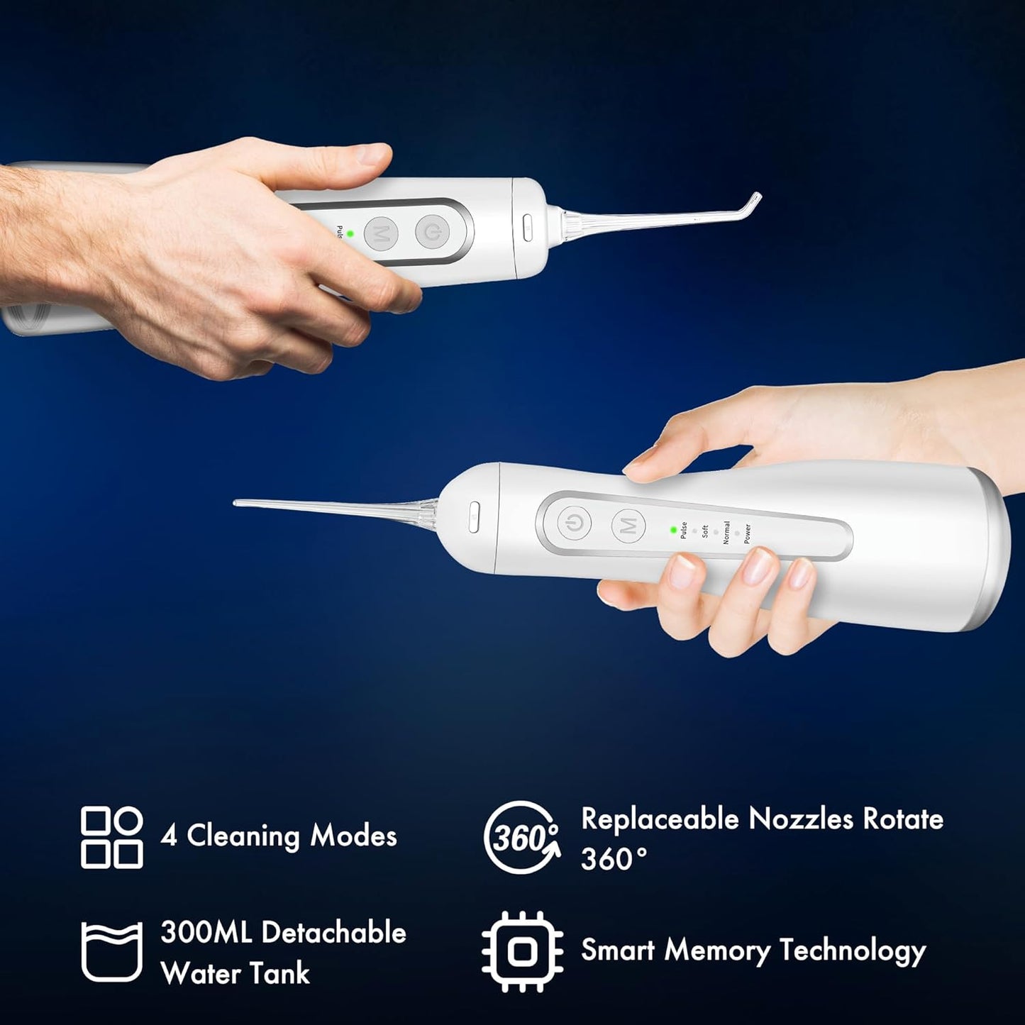 Dygoophy® 2-Pack Cordless Water Flosser Set – Rechargeable Portable Oral Irrigator, IPX7 Waterproof Flosser, 4 Modes, Long Battery Life, for Braces & Sensitive Gums (300ml, White)