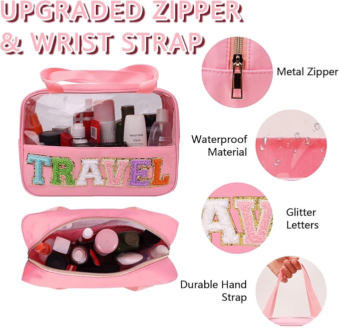 Chenille Letter Patch Travel Bag, Preppy Clear Makeup Cosmetic Bag Large Toiletry Storage Tote Bag with Handle, Transparent Nylon Waterproof Organizer Zipper Pouch for Travel Women Girls(Pink)