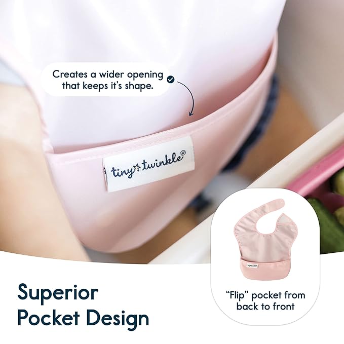Tiny Twinkle Mess-Proof Baby Bibs for Eating | Waterproof, Wipeable Toddler Bibs with Catch-All Pocket | Feeding Bibs for Girls & Boys(3 Pack,Blush, Burgundy)