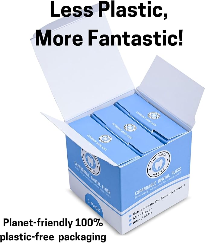 Expandable Dental Floss 3 Pack I Plastic-Free Dispenser I 50 Meter / 164 feet per Pack I Gentle Glide for Effective Cleaning I Mint Flavor