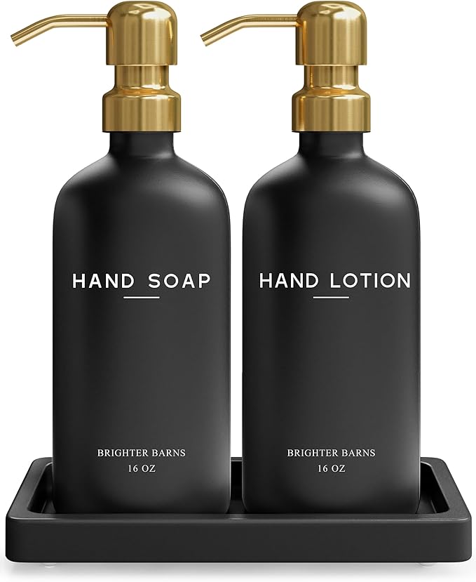 Luxury Glass Soap and Lotion Dispenser Set with Tray by Brighter Barns - Black and Gold Soap Dispenser Bathroom Set - Modern Bathroom Decor for Airbnb, Guest House, Vacation Rental, Gift (Black/Gold)