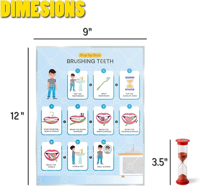 Brushing Teeth with Timer Chart Step by Step Laminated 9x12 Inch for Children Self Care Visual Chart Ideal for Special Needs and Autism (Brushing Teeth Chart with Sandtimer - English)