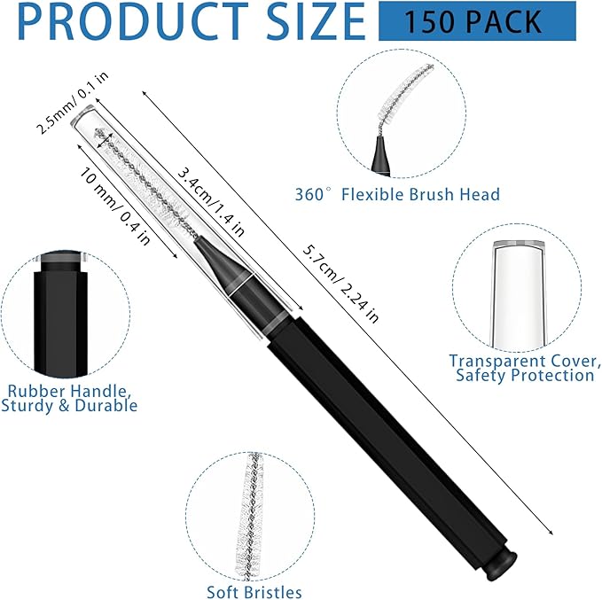 150 Pack Interdental Brushes for Braces, Plastic Dental Brushes Cleaner Between Teeth, Tooth Pick Tool Interdentales with Soft Spiral Brush Head - Efficient Oral Care, Black