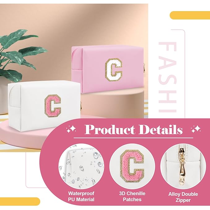Personalized Makeup Bag Initial A-Z Preppy Patch Bag,Small PU Leather Travel Cosmetic Bag Pouch with Zipper,White Cute Toiletry Bag,Gift Ideal for Teen Girls Women Birthday Friend Mom,Letter C