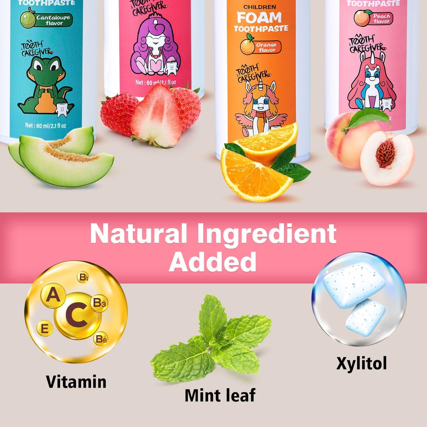 NOHOO Fluoride Free Foam Toothpaste Kids Fruit Flavour,Natural Training Toothpaste for Baby Toddler Children Oral Cleaning and Cavity Protection(Peach + Cantaloupe)