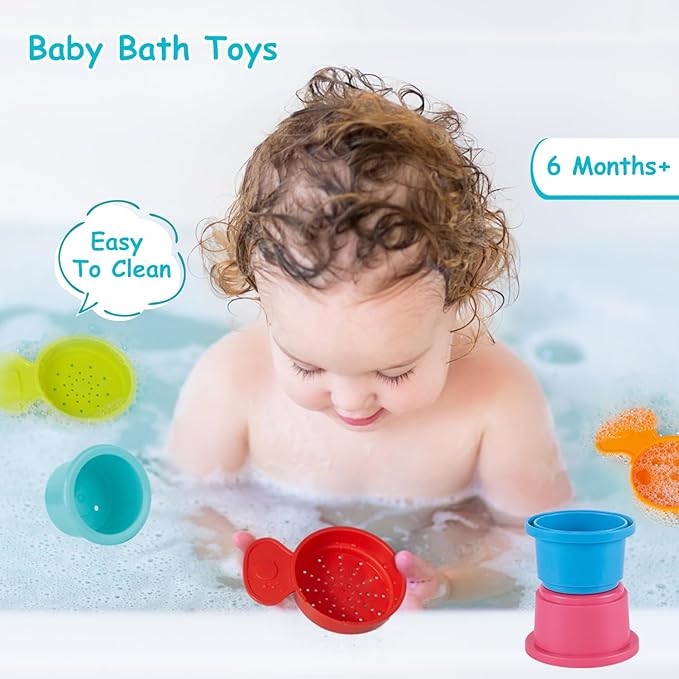 Bath Toys, 14 PCS | Safe & Educational Stacking Cups and Spoons with Numbers | Mold Free & Easy Grip Bath Toys for Baby and Toddler | Early Learning Bathtub Water Pool Toys for Baby Stocking Stuffers