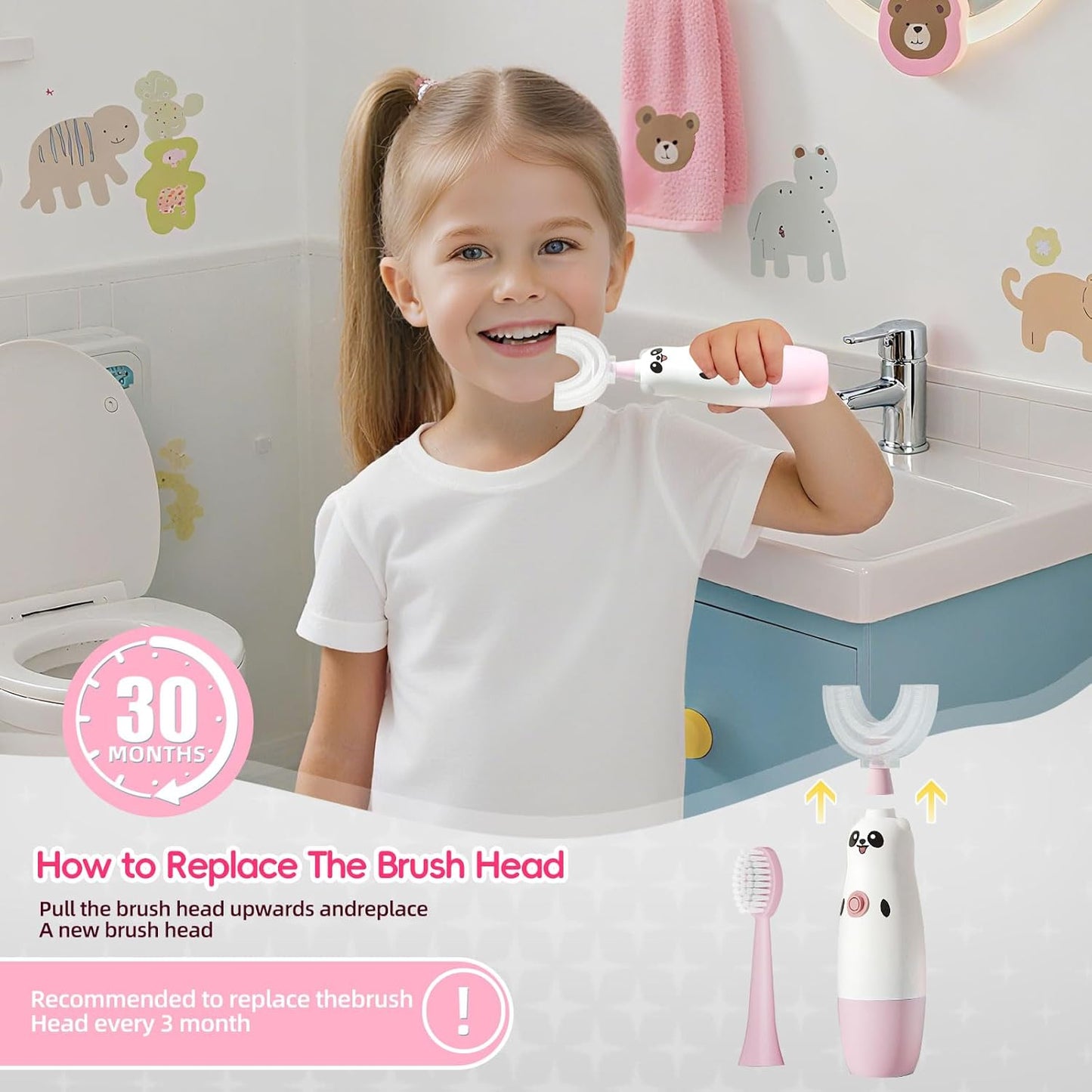 Kids U-Shaped Electric Toothbrush with 2 Brush Heads, Toddlers Sonic with 360 Degree Cleaning, Soft Bristles, Battery Included, IPX7 Waterproof, Cute cartoon for Girls and Boys, Ages 8-13 (Pink)