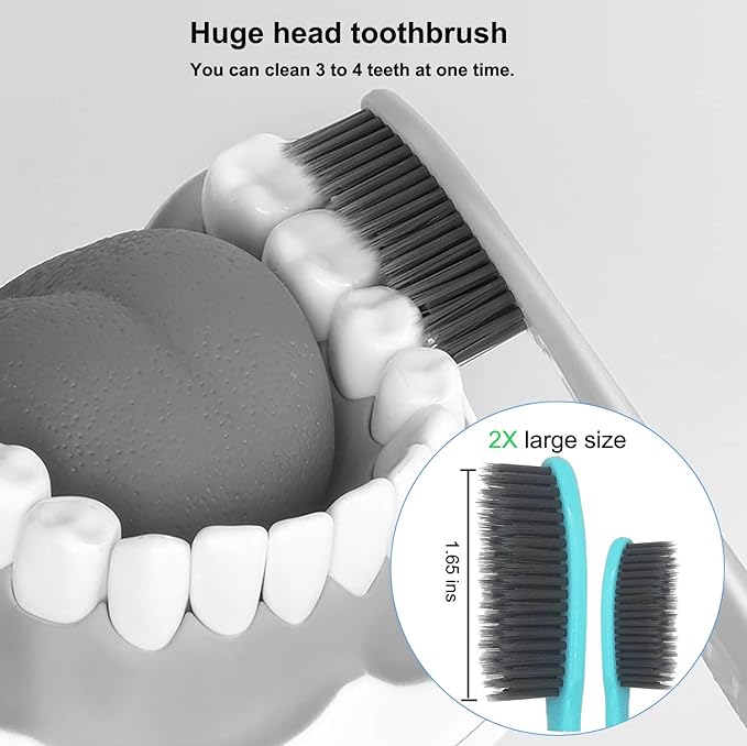 EasyHonor Huge Head Toothbrush, Medium Soft Toothbrush BPA Free for Proper Dental Care, 4 Pack with Black Charcoal Bristles.