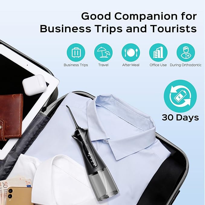 COSLUS Water Dental Flosser Pick for Teeth: 4 Modes Cordless Portable 300ML Larger Tank Water Teeth Cleaner IPX7 Waterproof Flossing Cleaning Picks for Home Travel Black C30(FC5360)