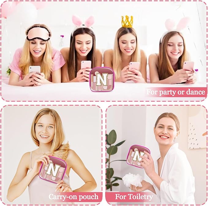 Mini Clear Personalized Initial Makeup Bag,Nylon Preppy A-Z Chenille Letter Patch Zipper Cosmetic Bag, Small Cute Beach Pouch Travel Purse Sanitary Napkin Storage Bag for Women Girls(Hot Pink-White N)
