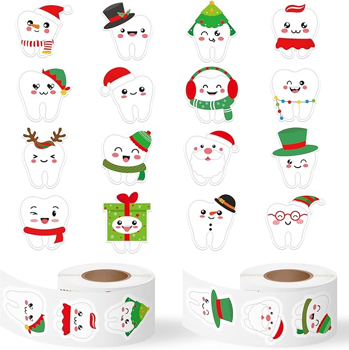 CJiangpo 1000Pcs Christmas Tooth Stickers - 2 Rolls Cute Xmas Dental Teeth Fairy Sticker Decals for Laptop Water Bottle Scrapbook DIY Crafts, Christmas Party Decoration Gift for Kids Dentist Schools