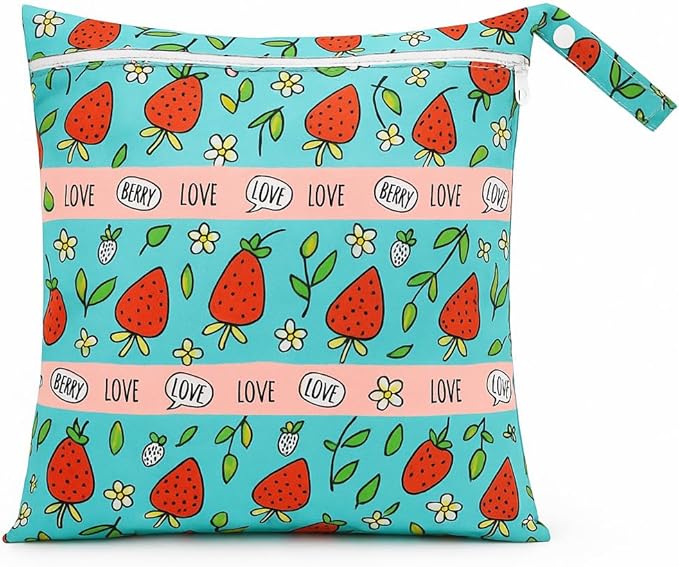Waterproof Wet Dry Bag, Reusable Diaper Pouch with Zipper, Machine Washable Travel Organizer for Beach, Daycare, Kids, Dinosaur Pattern (Strawberry)