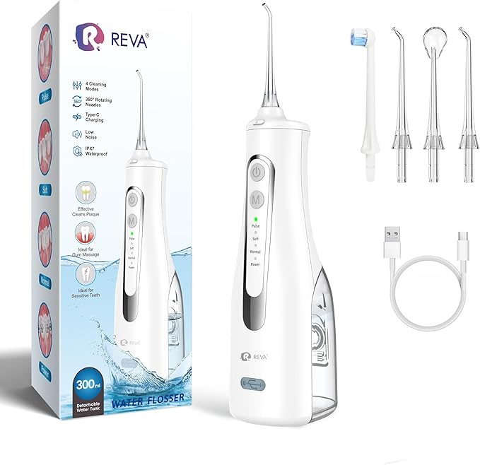 Cordless Oral Irrigator - 4 Modes Water Flosser for Teeth Cleaning, 300ML Reservoir, 360° Nozzle, IPX7 Waterproof, 2000mAh Rechargeable Battery, 4 Jet Tips, Smart Memory Function (M149 - White)