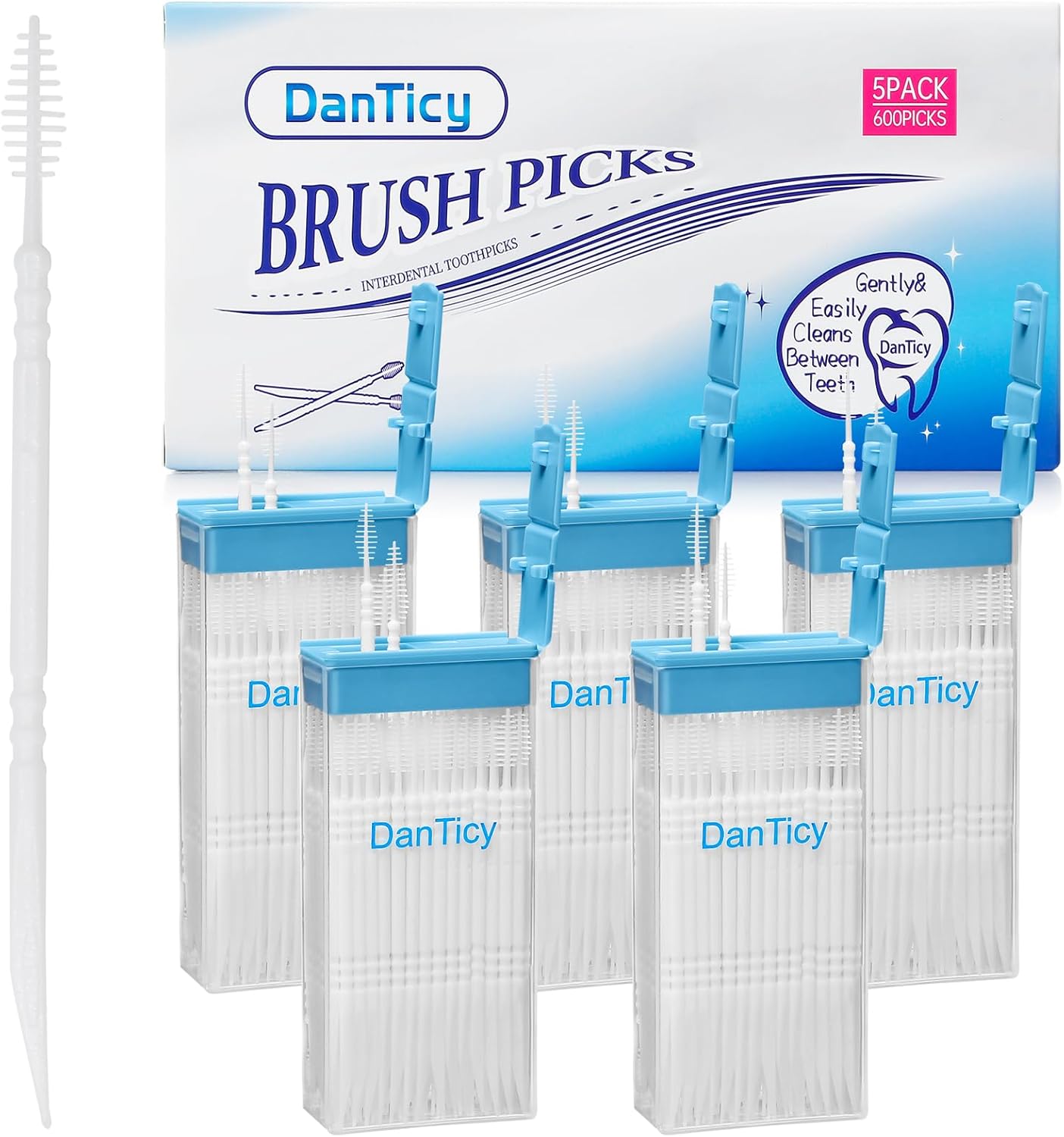 Brushpicks Interdental Toothpicks,Soft Bristle Dental Floss Picks Toothpicks,Helps Removes Plaque and Debris Between Your Teeth 600PCS (Pack of 5)