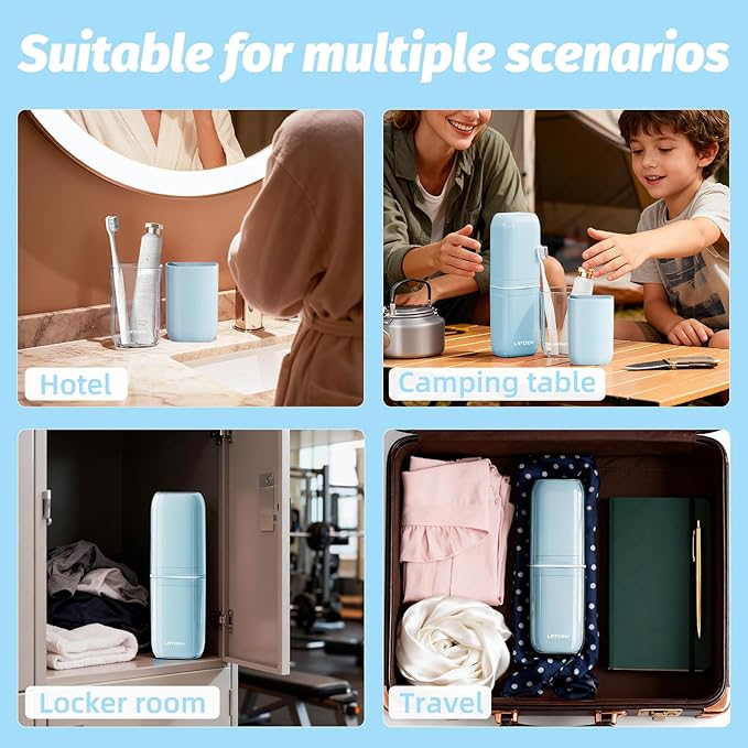 Toothbrush Travel Cup, 4-in-1 Toothbrush Holders with Cover, Portable Tooth Brush Travel Case for Family, Multi-Function Travels Cup, Toothpaste Storage Container (Blue)
