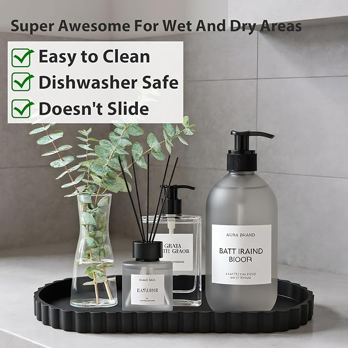 Silicone Bathroom Tray-12 Inch Oval Vanity Tray Countertop Organizer,Decorative Soap & Cosmetic Holder Modern Bathroom Decor,Decorative Tray for Candle, Perfume, Plants (Black, 2PCS)