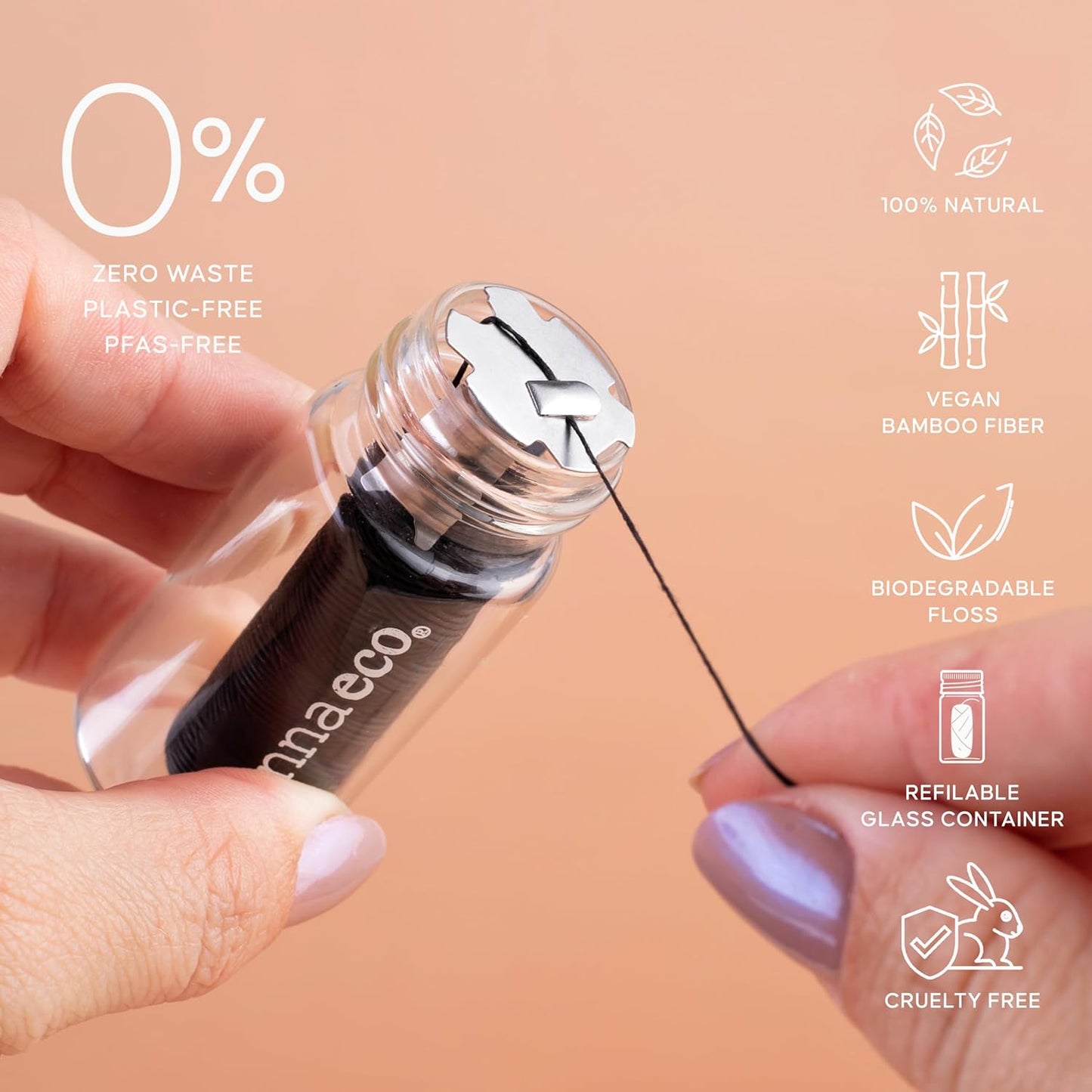 Eco-Friendly Bamboo Charcoal Dental Floss | Refillable Wide Glass Jar with Screw Lid + 50m Free Refill | 100m Total | Peppermint | Candelilla Wax | Zero Waste, Vegan | Flossers for Adults – Oral Care