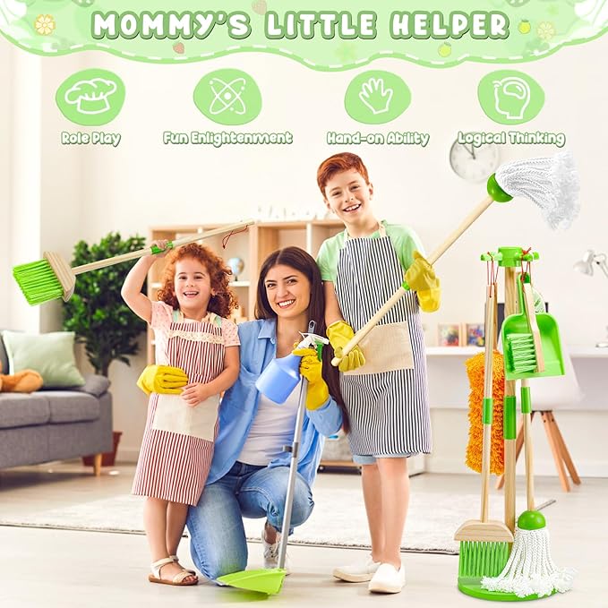 WHOHOLL Wooden Kids Cleaning Set Toddler Broom Set for Housekeeping 8 Pcs Broom and Mop Set for Toddlers 3-5, Baby Cleaning Toys with Dustpan Sponge, Christmas Birthday Gifts for Boys Girls (Green)