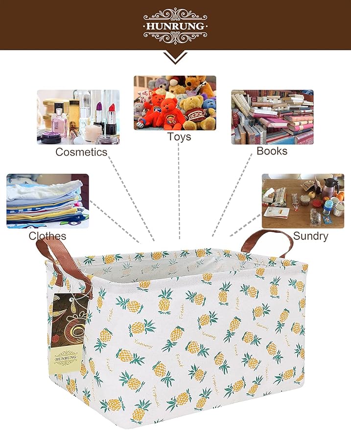 HUNRUNG Rectangle Storage Basket Cute Canvas Organizer Bin for Pet/Children Toys, Books, Clothes Perfect for Rooms/Playroom(Rectangle Pineapple)