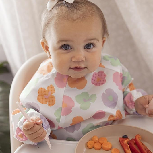 Tiny Twinkle Long Sleeve Bib for Babies & Toddlers – Waterproof Smock Bib for Eating – Machine Washable & Mess-Proof, Baby Feeding Essential & Shower Must-Have(Floral Pop, 6–24M)