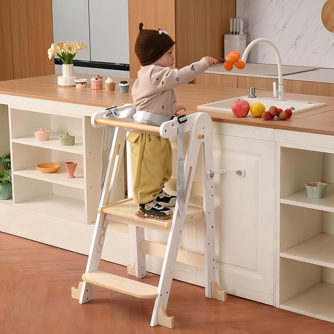 Kids Kitchen Step Stool, Foldable Toddler Tower, Height Adjustable Toddler Standing Tower with Safty Rail and Anti-Slip Device, Wooden Stool for 1.5-6 Years(White Wood)
