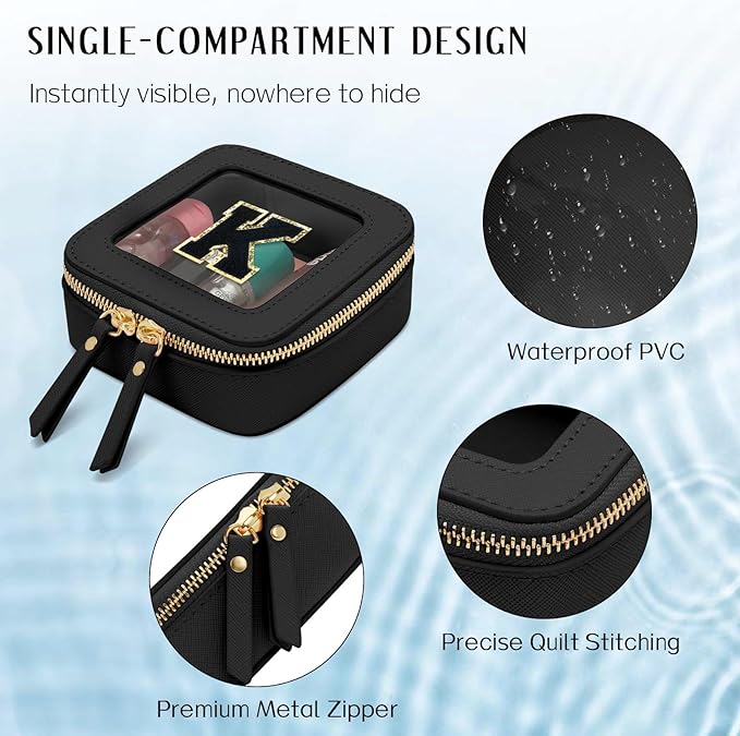 Initial Travel Toiletry Bag - Cosmetic Bags for Girls with Zipper, Clear & Potable Girls Makeup Bag for Travel, Small Cosmetic Pouch Perfect Gifts for Graduation (Black, K)