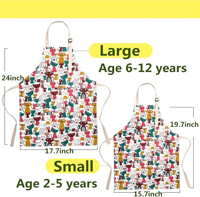 Kids Apron and Chef Hat Set, Adjustable Cotton Child Aprons with Large Pocket Cute Girls Boys Kitchen Bib Aprons for Cooking Baking Painting