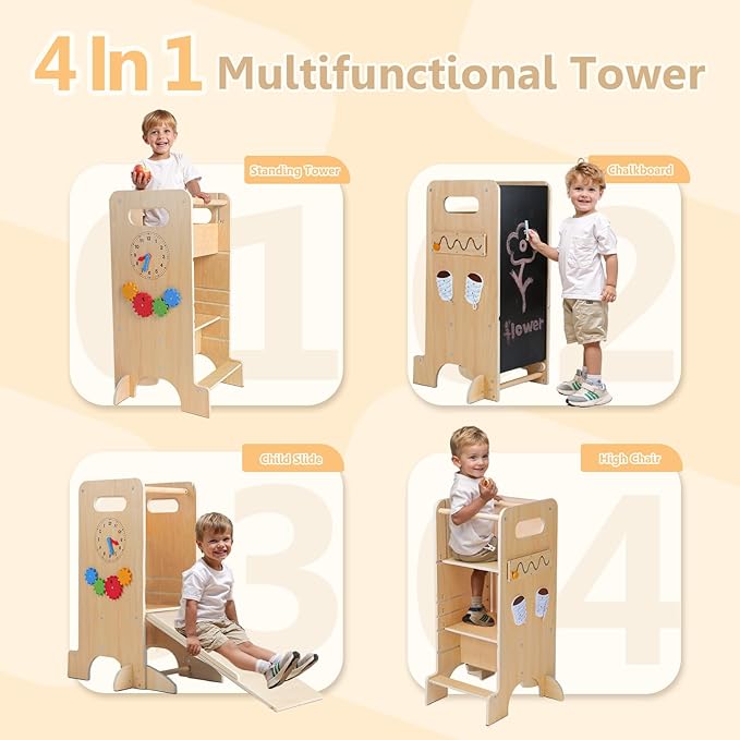 Toddler Tower 4-in-1 Multifunctional Kitchen Stool Helper with Removable Safety Board, Adjustable Heights, Slide, Highchair, Chalkboard, Montessori Games